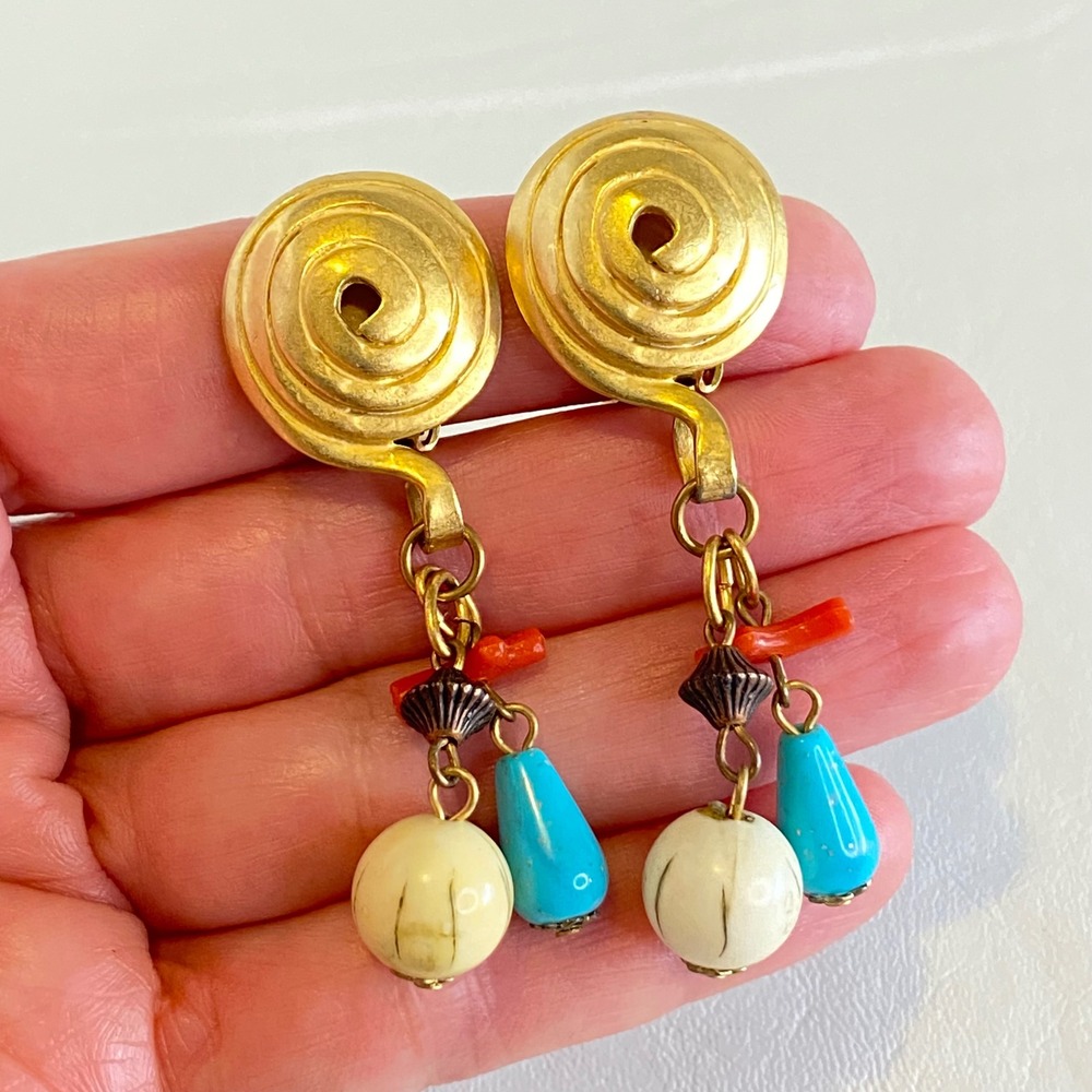 Vintage Gold Tone Spiral Clip On Earrings Multi Color Beads Charm Drop Statement